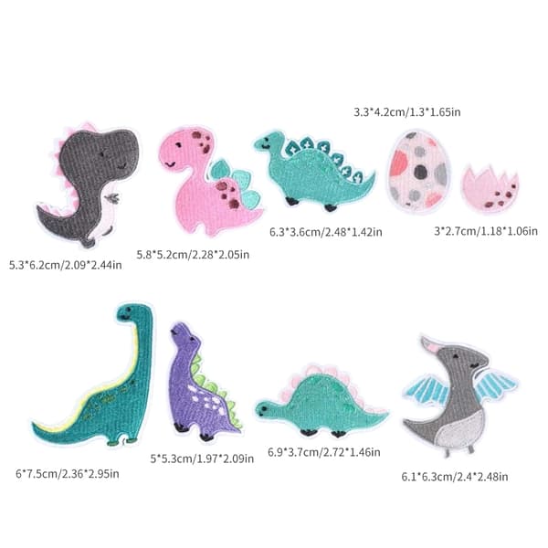 9 stk dinosaur-lapper til å sy på, strykemerker, broderte lapper til klær