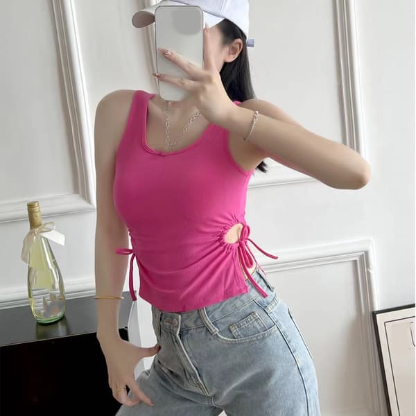 Women's Summer Tank Top, Basic, Sleeveless, Slim Fit, Cotton, with Built-in Bra, Rose Red, Free Size