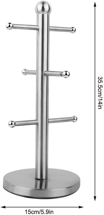Ruostumaton mukiteline, vapaasti seisova työtason mukiteline 6 metallikoukulla