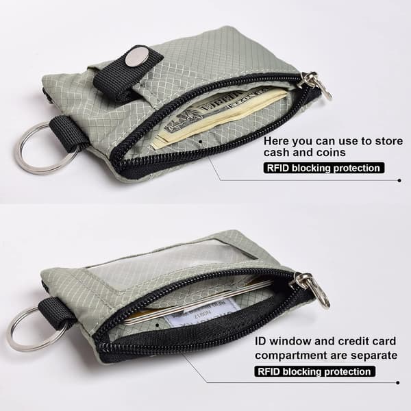 Men's Grey Minimalist RFID Blocking Small Wallet with ID Window, Waterproof Zippered ID Card Holder Wallet with Keychain