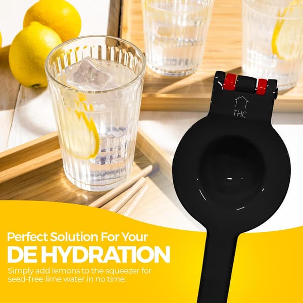 2-in-1 Lemon and Lime Squeezer - Heavy Duty Manual Citrus Juicer with Seed Filter & High Leverage, Dishwasher Safe Metal, Black and Red