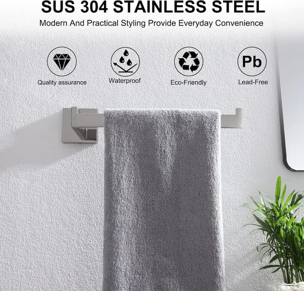 Sæt med 4 badeværelsestilbehør, blankt rustfrit stål, toiletpapirholder, badekåbekrog, vægmontering, poleret finish
