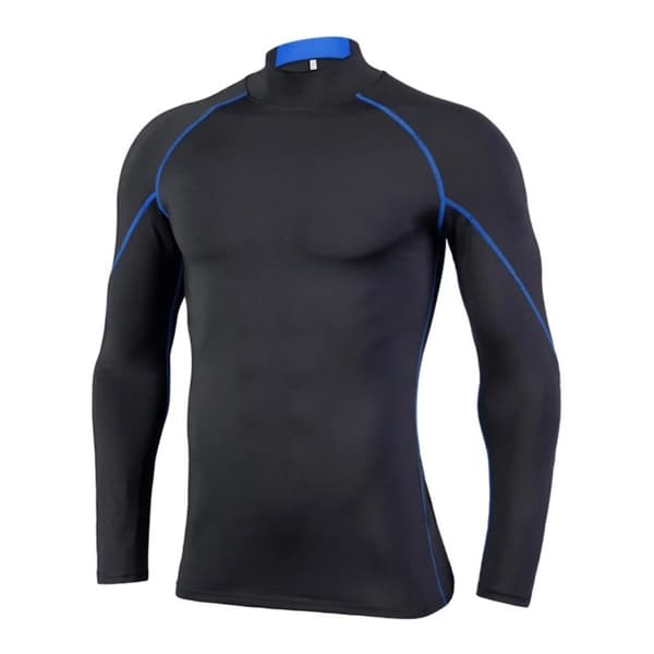 High Elastic Compression Long Sleeve Training Shirt for Men Black and Blue Lines