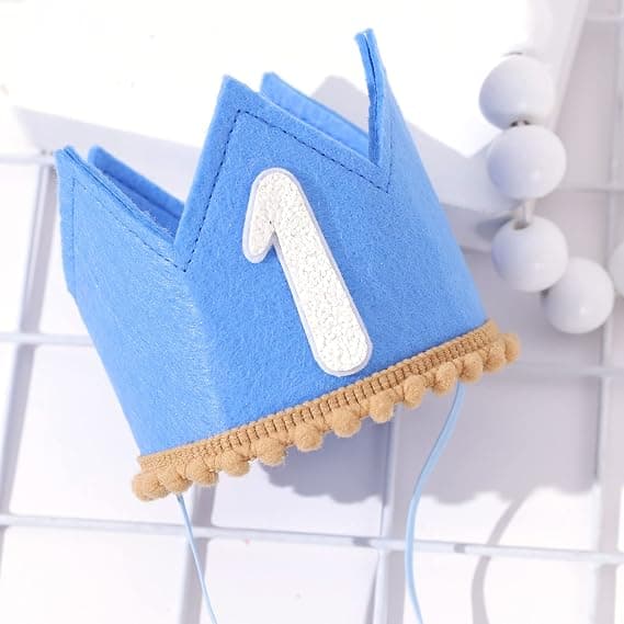 Baby First Birthday Crown, 1st Birthday Hat with Elastic Band, Concise Cute Birthday Hat Decorations (Blue)