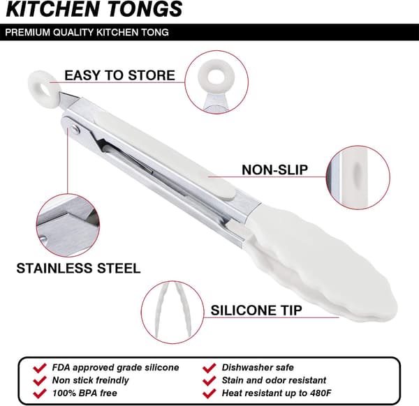 21,4 cm 8 tommer Silikon Mini Serveringstangsett Svart, Hvit, Grå.