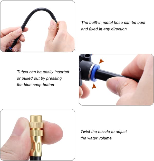 5-pack Brass Misting Nozzle Tee with 8\" Built-in Hose for Outdoor Cooling System, Adjustable 360° Swivel