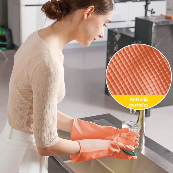 Rubber Cleaning Gloves Kitchen Dishwashing Gloves, Waterproof Reusable, (Autumn Red-Orange)