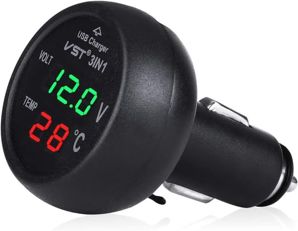 12-24 V billaderuttak med USB-port/voltmeter/termometer for biler (grønn + rød)