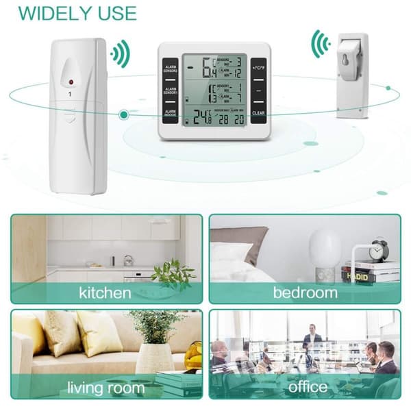 Refrigerator and Freezer Thermometer, Wireless Refrigerator Thermometer with 2 Sensors, for Home Kitchen Restaurant Thermometer