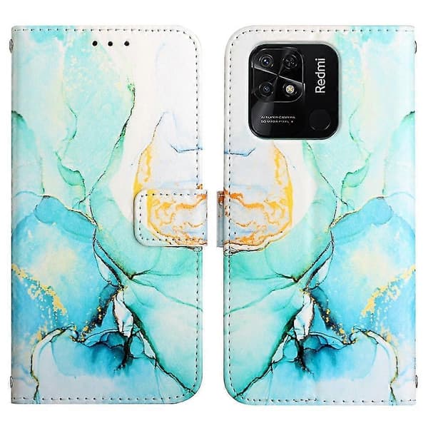 Compatible with Xiaomi Redmi 10c Case Premium Leather Marble Pattern Magnetic Closure Card Slots Cover - Green