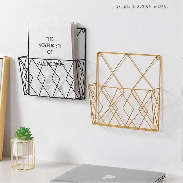 Wall Mounted Bookshelf Magazine Holder Book Organizer Iron Bookend Black-FA-