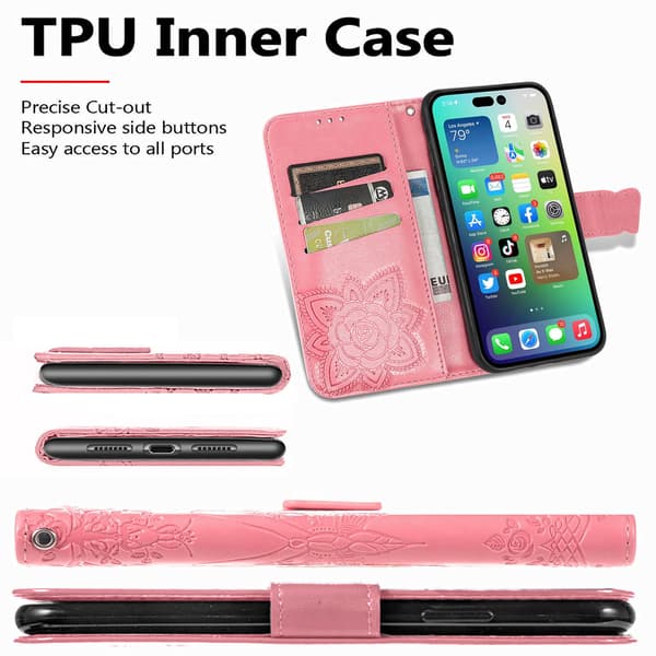 Foldbart præget læderetui med sommerfuglemønster, kortpladser, stativ, snorhul, kompatibelt med iPhone 16 Pro Max 浅紫色