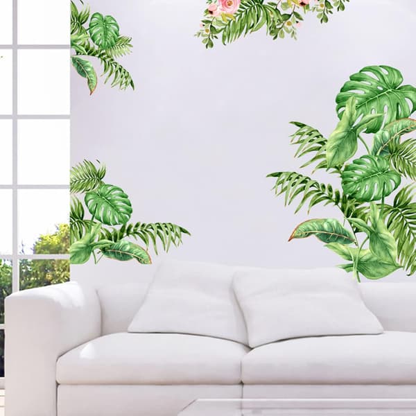 Green Plant Leaf Wall Decal, Self-Adhesive Palm Leaf Tree Wall Decor, Waterproof DIY Wall Sticker