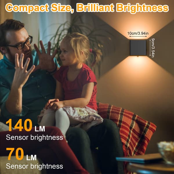 Indoor Wall Lamp, 2-Pack, Wall Lamp with Motion Sensor, Rechargeable LED, 3000K Warm White Light, Wireless, Adjustable Light Angle (Black)