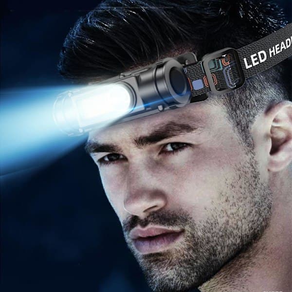 An Outdoor LED Headlamp Flashlight with Adjustable Headband, Dual Light Sources, and 180-Degree Rotation Adjustment