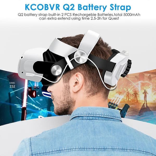 2-i-1 VR-hodebånd med batteri Justerbart hodebånd for Oculus Quest 2