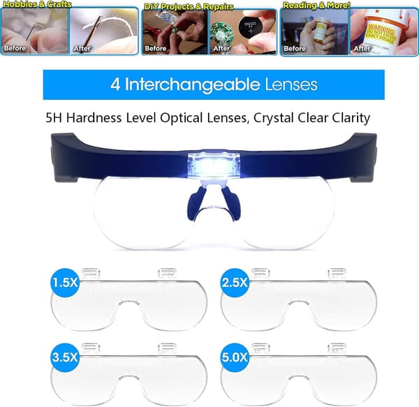 Head Magnifying Glasses with 2 LED Lights, Hands-Free USB Rechargeable LED Magnifier Glasses for Hobbies, Reading, Crafts [DB]