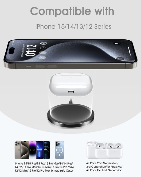 Apple MogSafe-oplader, iPhone hurtig magnetisk oplader 15W, induktionsoplader kompatibel med iPhone 14/14 Plus/14 Pro/14 Pro (hvid)