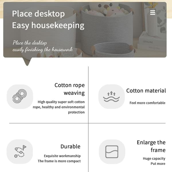 Cotton Rope Storage Baskets - Lightweight Woven Basket | Soft Texture Laundry Hamper, Sturdy Weave Fabric Storage, Home Accessories [DB] Small