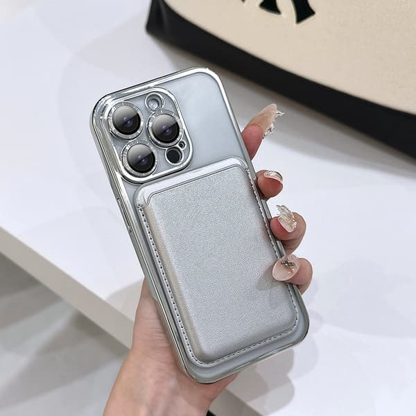 Silver Magnetic Case Set Compatible with iPhone 17 Pro Max - Electroplated PC with Card Holder