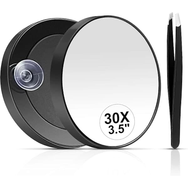 30X Magnifying Mirror, Small Magnifying Mirror with Suction Cup and Tweezers, Compact Mirror Set for Eyebrow Plucking 8.9 cm