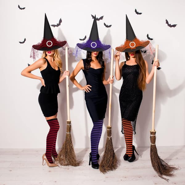 3 sett Halloween heksehatter stripete lårhøye strømper for kvinner | Lilla rød