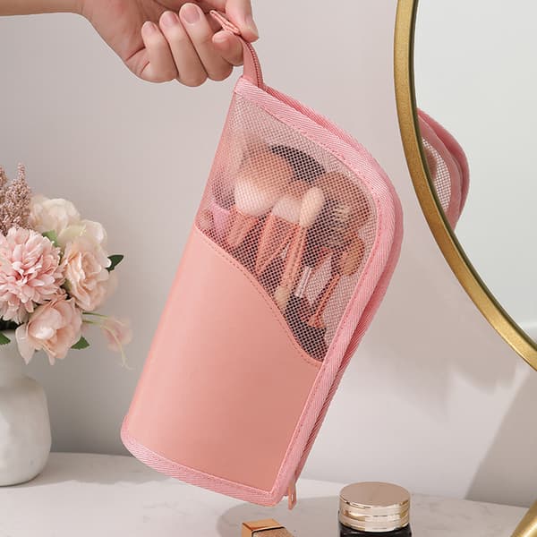 Travel Makeup Brush Bag Portable Makeup Brush Holder Organizer Waterproof Stand-Up Practical Mesh Case Pink