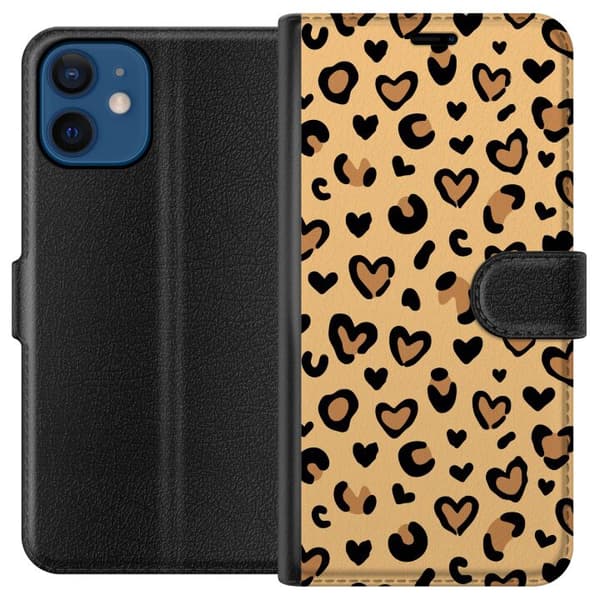 Compatible Wallet Case for Apple iPhone 12 Playful pattern with hearts and leopard spots in trendy beige and black design