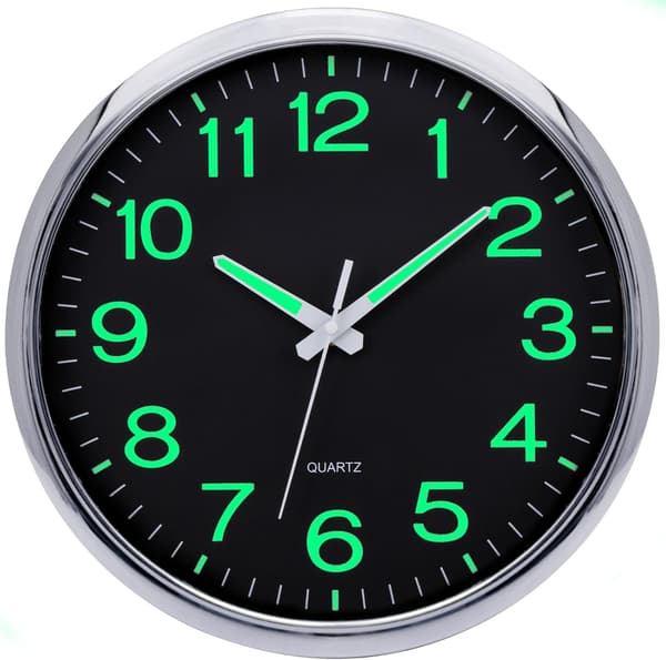 12\" Luminous Wall Clock Glowing in the Dark Silent Wall Clock Non-Ticking Sweeping Movement - Silver