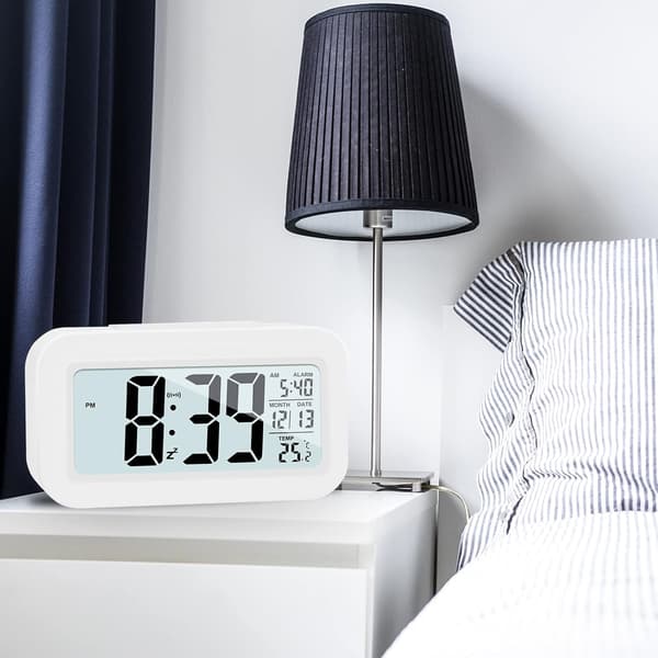 Upgraded Digital Alarm Clock - 4.3\" LED Display with Temperature, Light Control, Snooze & Calendar (White)