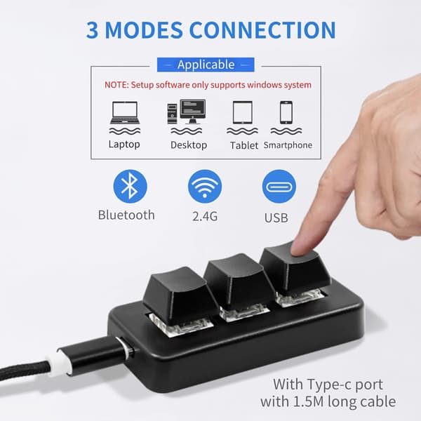 One-Handed Mini Keypad with Ergonomic Design, Programmable Macro Keypad 3-Key Mechanical Gaming Keyboard for Office Gaming Media Control, Multi-System