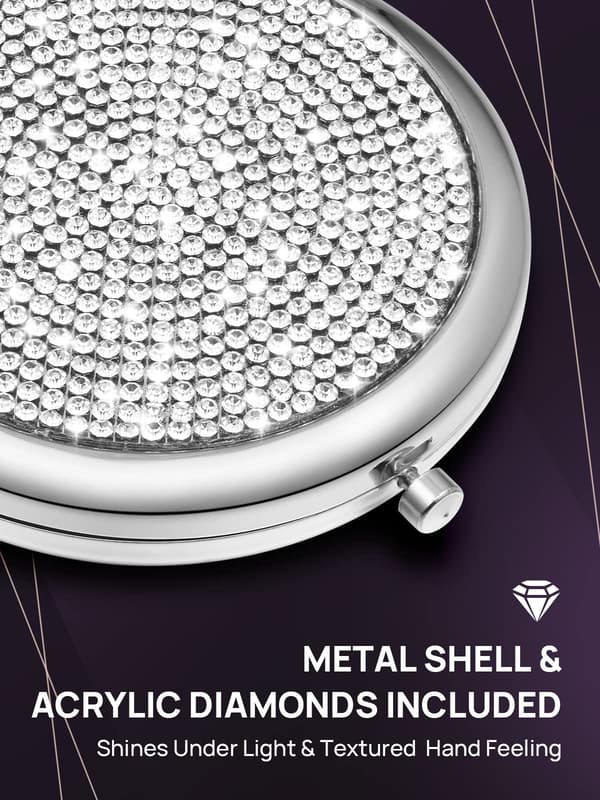 Compact Mirror, Mini Small Diamond 1X/2X Magnifying Round Metal Pocket Makeup Mirror