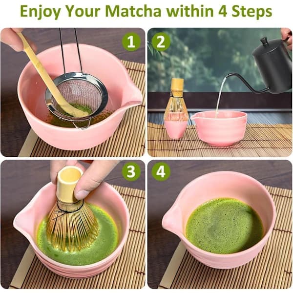 Japanskt Matcha Teset, Keramisk Skål med Bambu Visphållare Sked och Tesil i Rostfritt Stål, Presentförpackning, Rosa pink