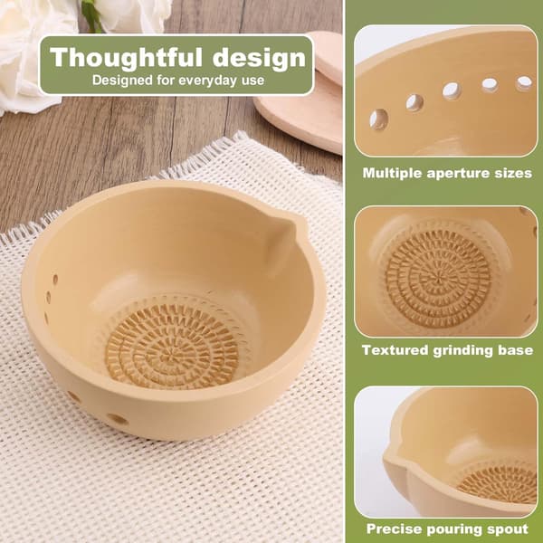 2-in-1 Herb Stripper Bowl with Grater, Stoneware Garlic Ginger Grating Bowl for Home Cooks, Beige