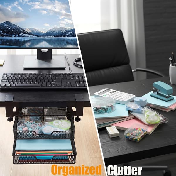 Under-desk Pull-out Drawer Organizer, 2-Tier Metal Clamp-on Storage Drawers for Home Office, Black, No Drilling