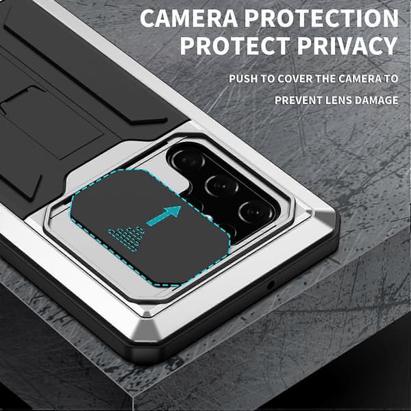 For Samsung Galaxy S22 Ultra 5G R-JUST Sliding Camera Metal + Silicone Holder Phone Case Silver Silver