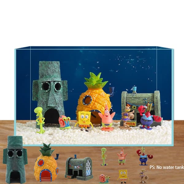Aquarium Decorations. SpongeBob's Pineapple, Squidward's House, and Krusty Krab Resin Figures. 6 Character Models