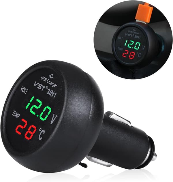 12-24 V billaderuttak med USB-port/voltmeter/termometer for biler (grønn + rød)