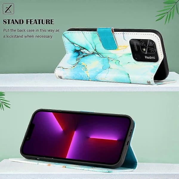 Compatible with Xiaomi Redmi 10c Case Premium Leather Marble Pattern Magnetic Closure Card Slots Cover - Green