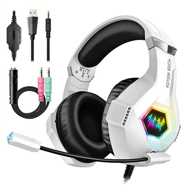 Gamingheadset til PS5 PS4 PC, Over-Ear Hovedtelefoner med Surroundlyd & RGB-lys til Xbox Switch Mac Laptop hvid