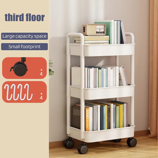 Storage Rack 4-Tier Rolling Cart with Wheels, Sturdy Construction, Large Capacity, Strong Load-Bearing, Mobile Shelf Cart, Bookshelf White White