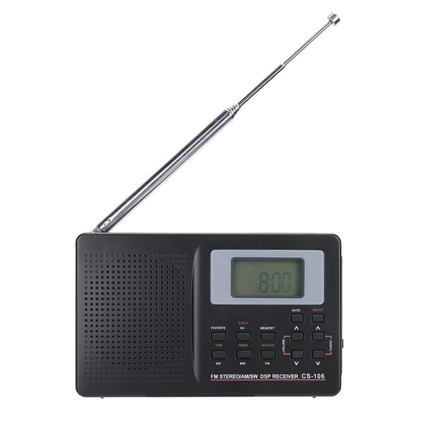 Mini FM/AM/SW/MW-mottaker med øretelefoner og digital klokke