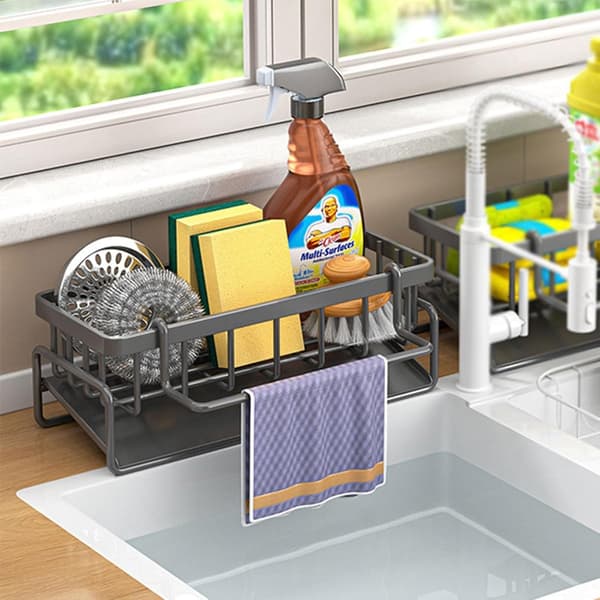 Silver Grey Sink Organiser with Self-Draining Tray - Sponge Holder, Towel Holder for the Kitchen