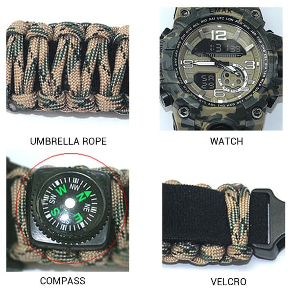 Overlevelsesur til camping: multifunktionelt armbånd med kompas, fløjte og paracord