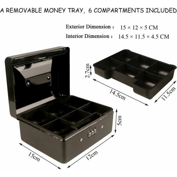 Small Cash Box with Combination Lock? Durable Metal Coin Box with Lockable Storage Tray, 15 × 12 × 8 cm (Black)