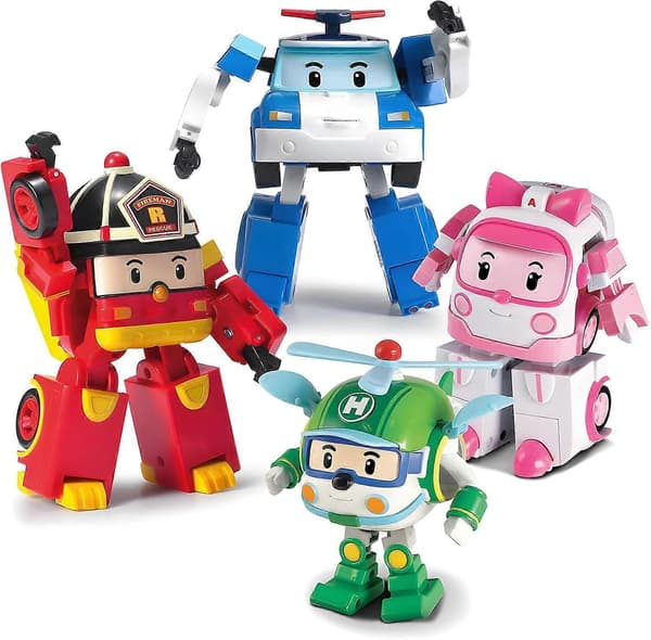 SBSG Robocar Poli 4-pak Poli + Amber + Roy + Helly Transformerende Robotlegetøj, 10 cm Transformerende