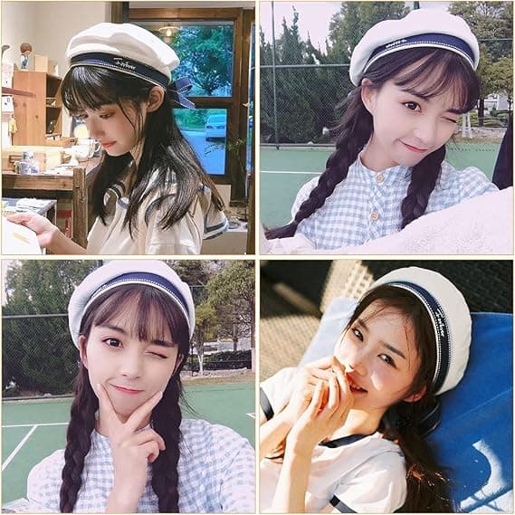 Abaodam White Sailor Hat Stylish White Beret Hat with Bow Uniform Hat All-Matching Hat (Head Circumference 56-58cm)