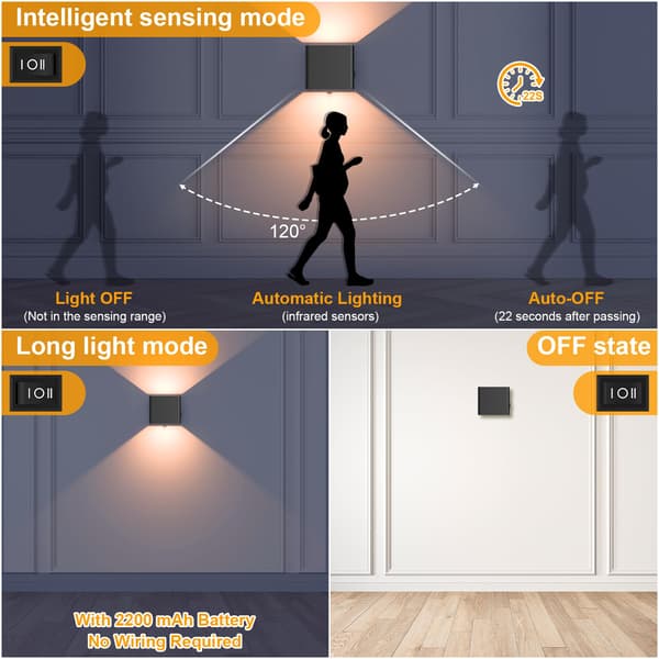 Indoor Wall Lamp, 2-Pack, Wall Lamp with Motion Sensor, Rechargeable LED, 3000K Warm White Light, Wireless, Adjustable Light Angle (Black)