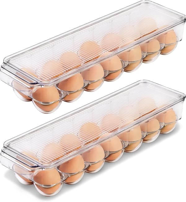 Egg Storage Box for Refrigerator - 14 Egg Compartments with Lid & Handle, Egg Storage & Egg Tray (Clear, 2-pack)