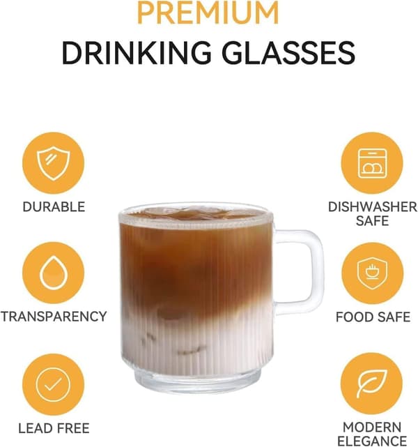 [6-pack, 350 ml] - Glass Coffee Mugs with Handle, Classic Vertical Stripes Tea Cup, Transparent Tea Glasses for Hot/Cold Beverages.